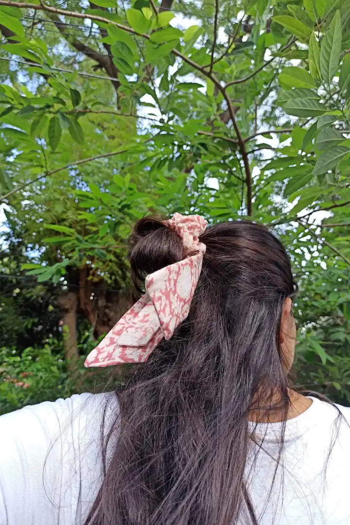 Ilamra kalamkari craft hand block printed organic cotton Blush pink and off-white elegant scrunchie