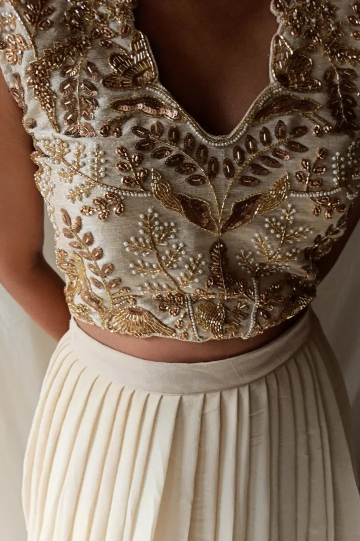 Ilamra sustainable clothing organic cotton beige hand block printed blouse and lehenga set