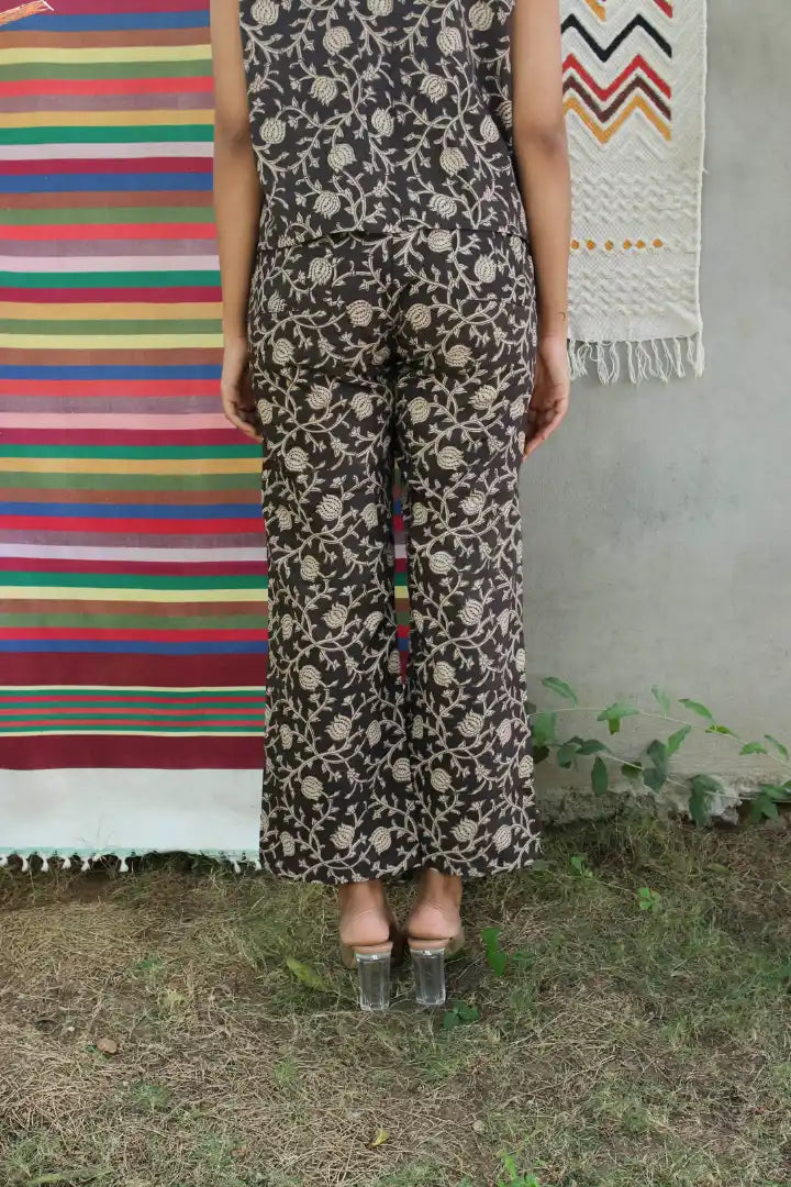 Ilamra kalamkari craft hand block printed organic cotton black and beige co-ord set