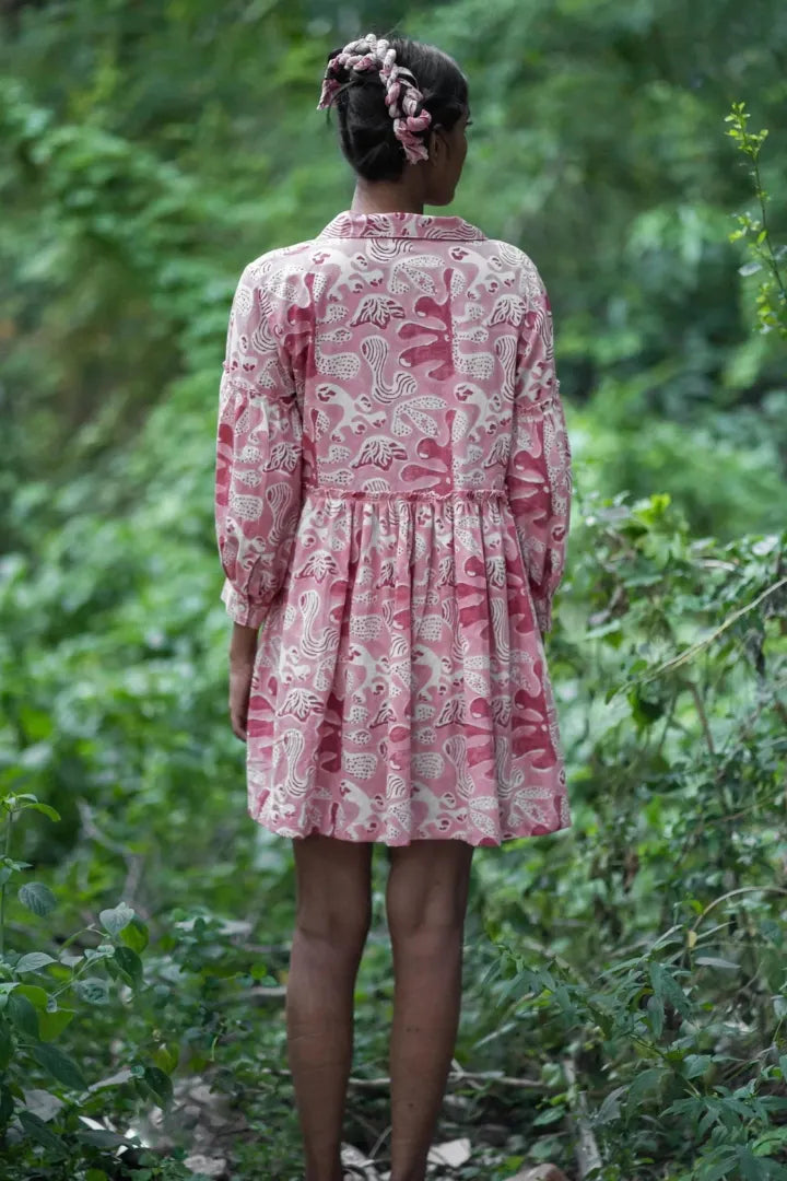 Ilamra hand block printed organic cotton naturally dyed pink and red dress