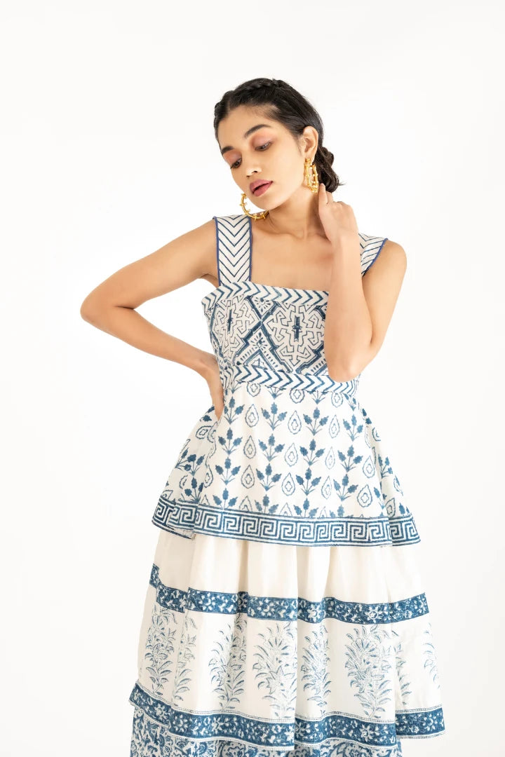 Ilamra kalamkari craft hand block printed organic cotton Indigo and off-white beautiful tiered dress