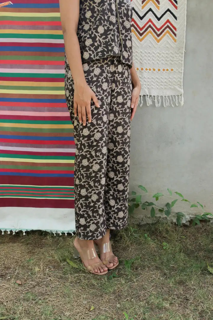 Ilamra kalamkari craft hand block printed organic cotton black and beige co-ord set