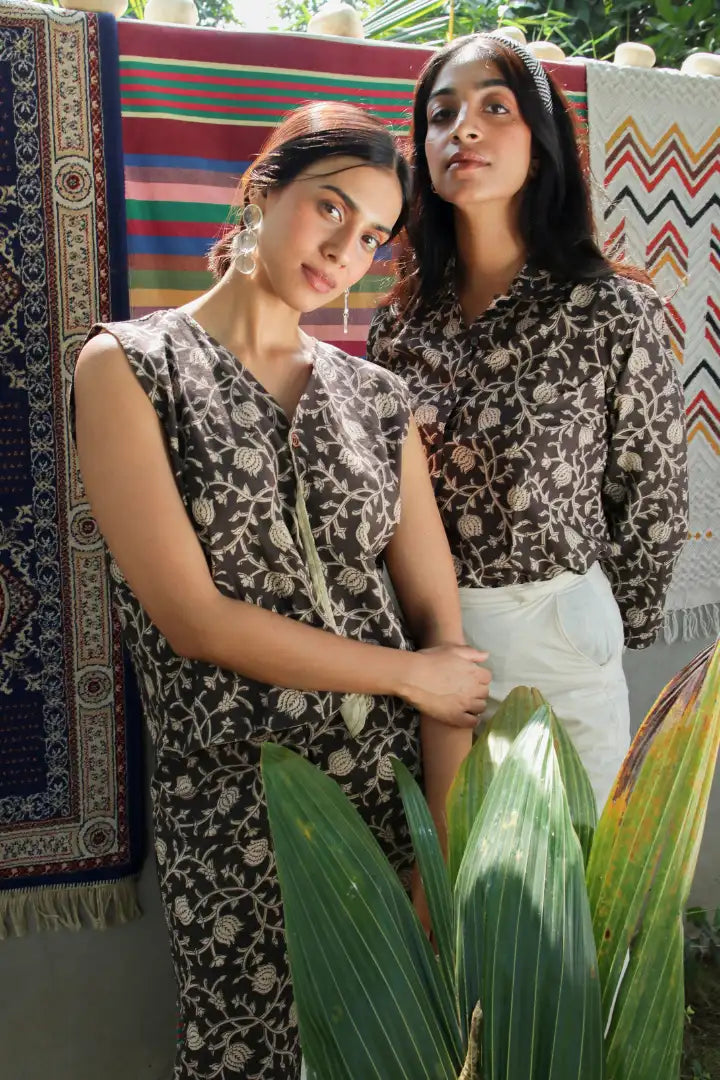 Ilamra kalamkari craft hand block printed organic cotton black and beige co-ord set