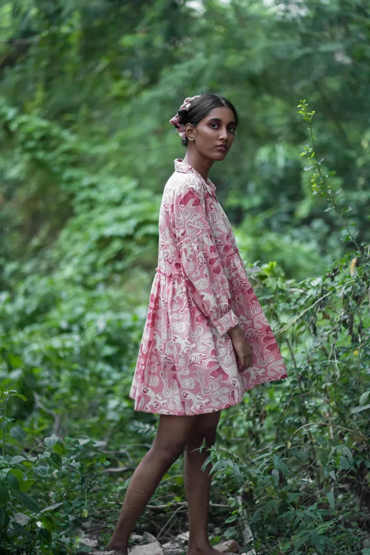 Ilamra hand block printed organic cotton naturally dyed pink and red dress