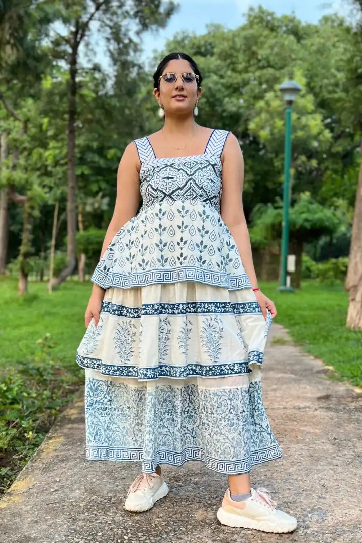 Ilamra kalamkari craft hand block printed organic cotton Indigo and off-white beautiful tiered dress