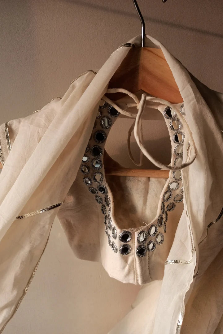 Ilamra sustainable clothing organic cotton off-white and madder red hand block printed blouse and lehenga set