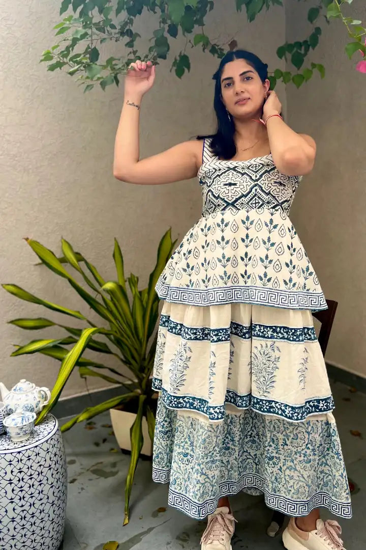 Ilamra kalamkari craft hand block printed organic cotton Indigo and off-white beautiful tiered dress