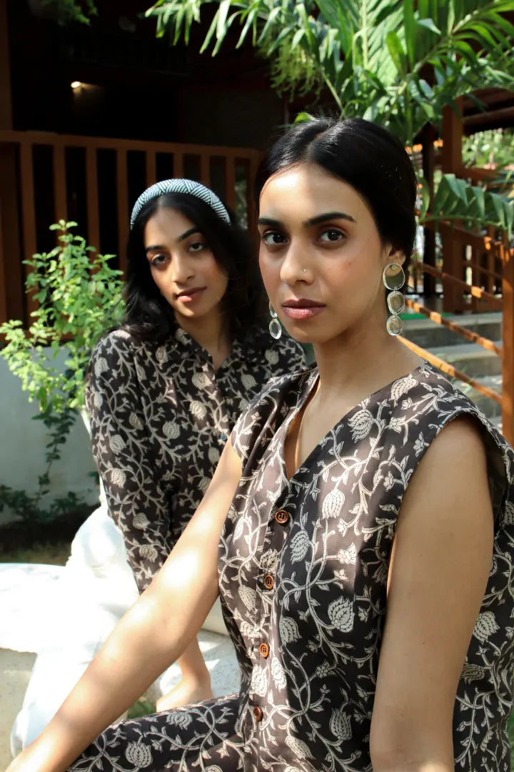 Ilamra kalamkari craft hand block printed organic cotton black and beige co-ord set