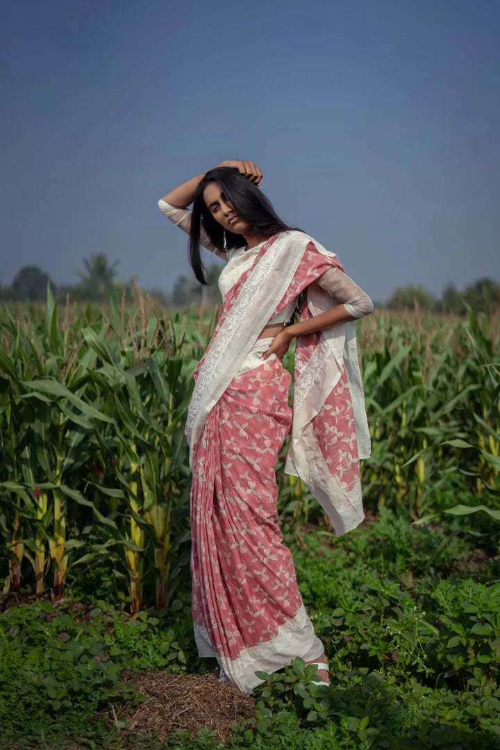 Ilamra kalamkari craft hand block printed organic cotton Gulab pink with black and red detailing on a pebble white canvas saree