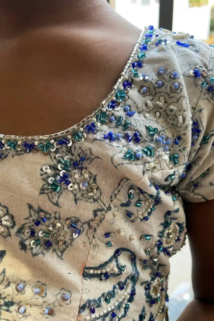 Ilamra kalamkari sustainable clothing organic cotton off-white and indigo hand block printed blouse and lehenga set