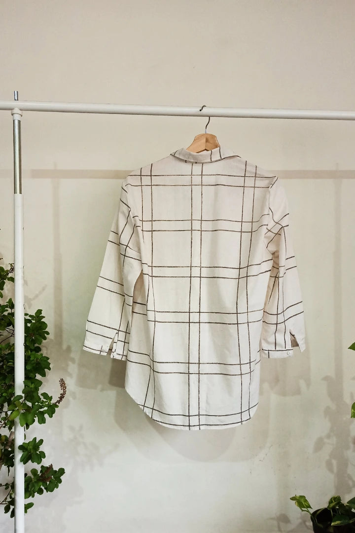 Ilamra hand block printed sustainably made naturally dyed Black and Off-white shirt with foldable cuff sleeves