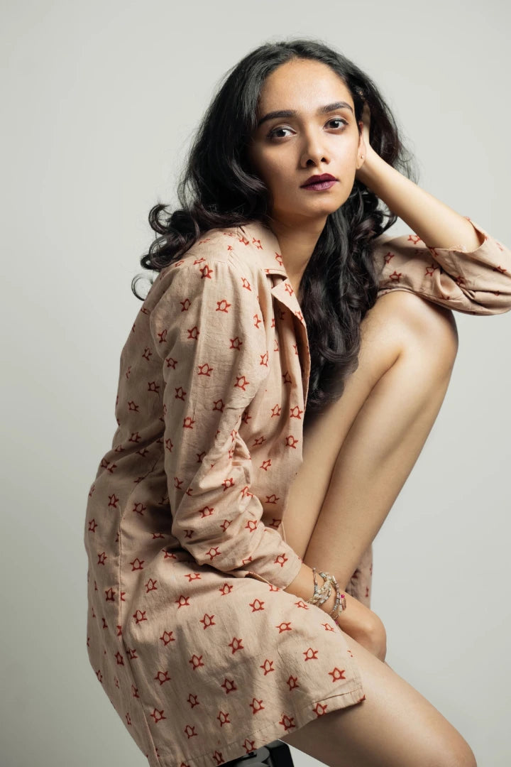 Ilamra sustainable clothing organic cotton madder red and beige hand block printed soft blazer and shorts co-ord set