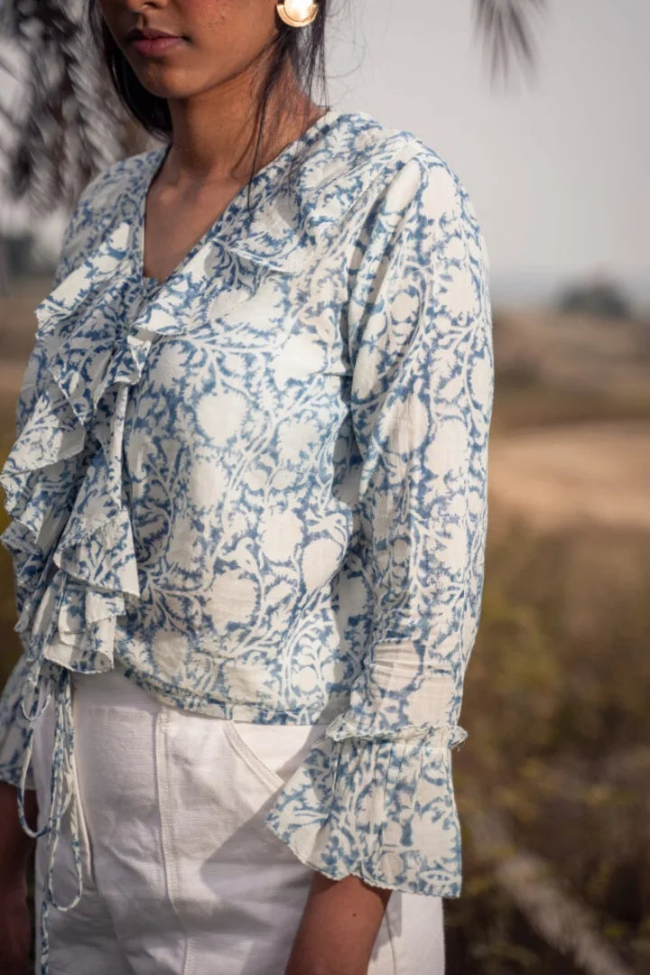 Ilamra sustainable clothing organic cotton Off-White and Indigo hand block printed sexy ruffle top