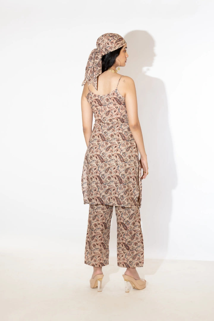 Ilamra hand block printed sustainably made naturally dyed Beige with hints of indigo, madder red and blush pink co-ord set