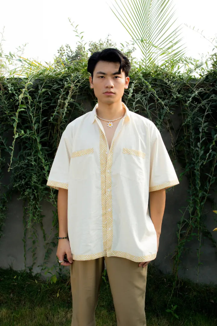 ilamra men's hand block printed naturally dyed organic cotton off-white and yellow shirt