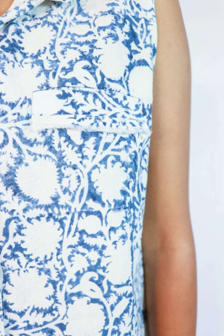 Ilamra sustainable clothing organic cotton Off-White and Indigo hand block printed button-down simple shirt