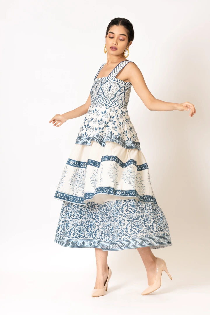 Ilamra kalamkari craft hand block printed organic cotton Indigo and off-white beautiful tiered dress