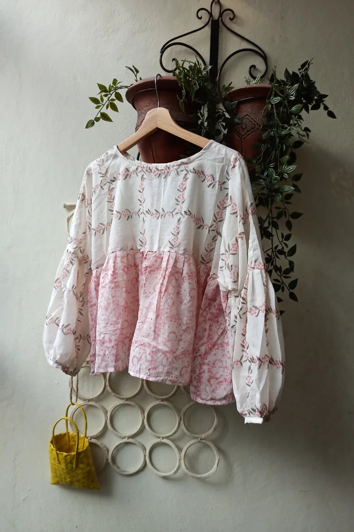 Ilamra sustainable clothing organic cotton pink, green and off-white hand block printed tent top