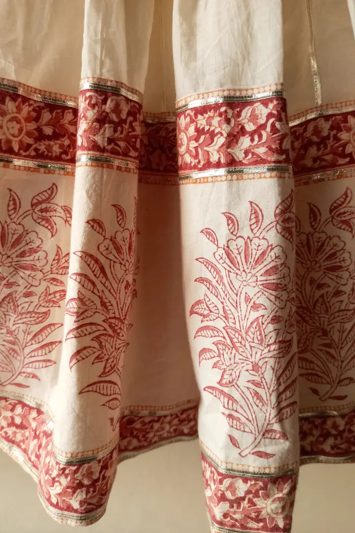 Ilamra sustainable clothing organic cotton off-white and madder red hand block printed blouse and lehenga set