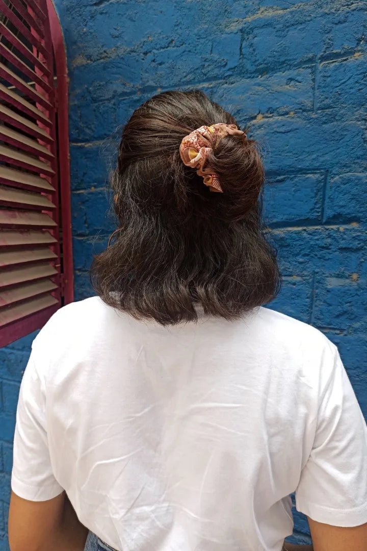 ilamra hand block printed naturally dyed organic cotton Brown, hints of red and yellow upcycled cotton scrunchie