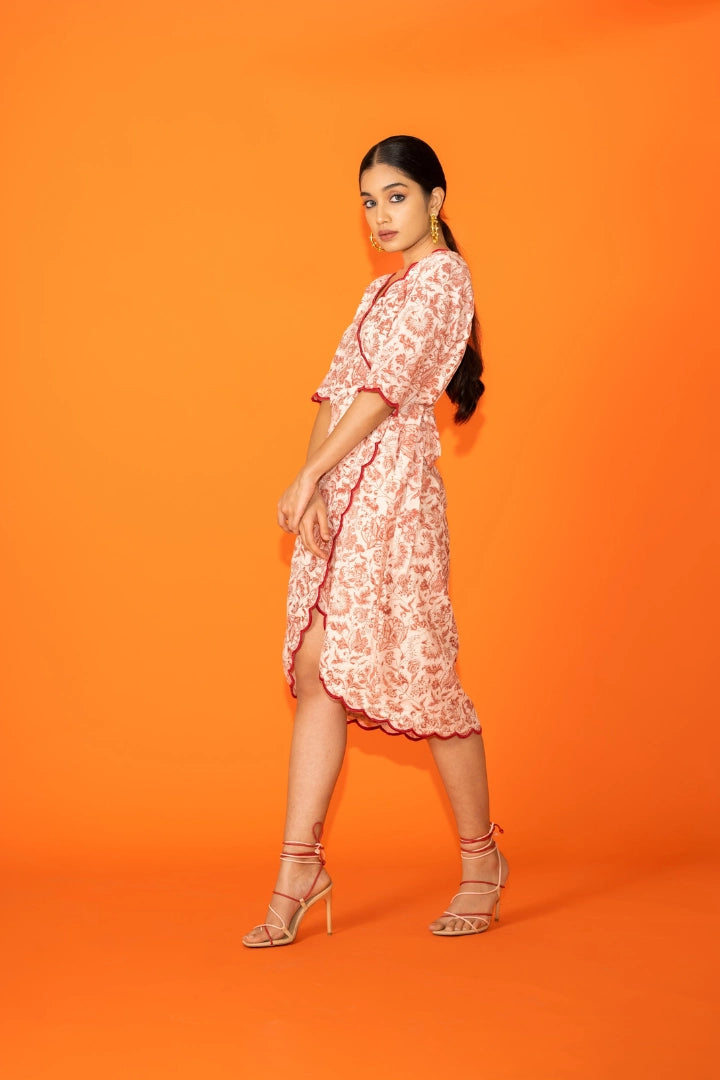 Ilamra kalamkari craft hand block printed organic cotton Madder red and off-white beautiful wrap dress