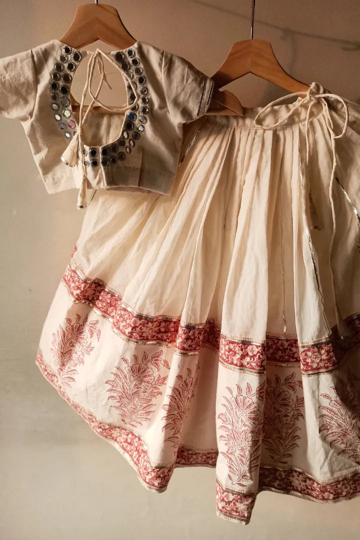 Ilamra sustainable clothing organic cotton off-white and madder red hand block printed blouse and lehenga set