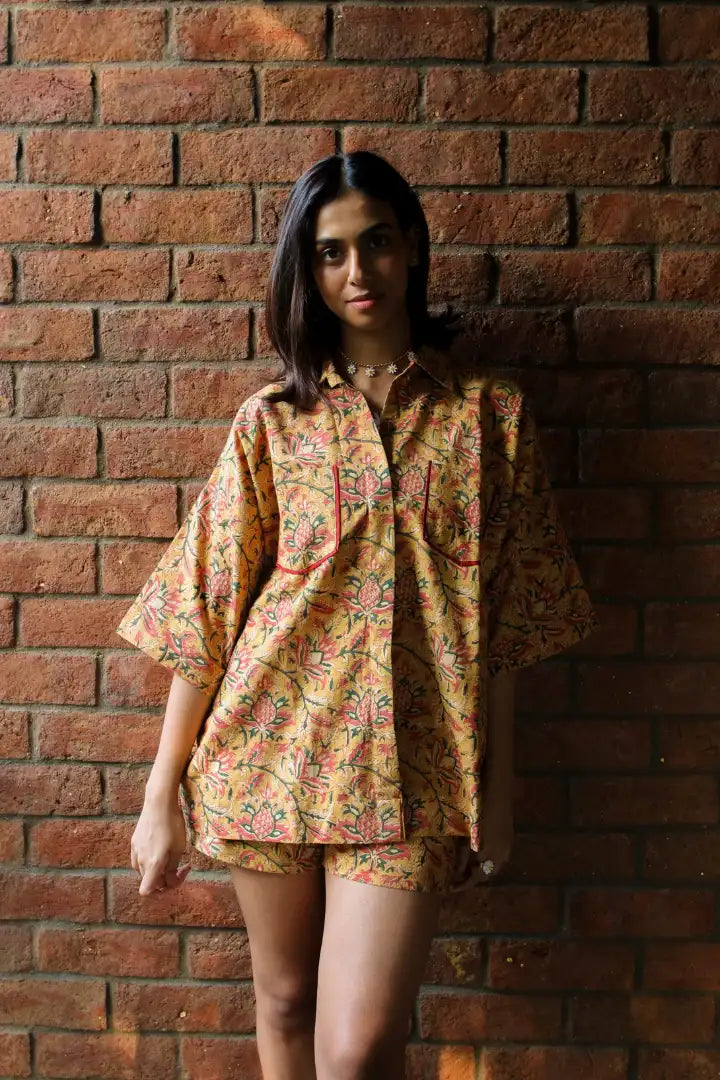 Ilamra kalamkari craft hand block printed organic cotton mustard, yellow, red and green shirt and shorts set