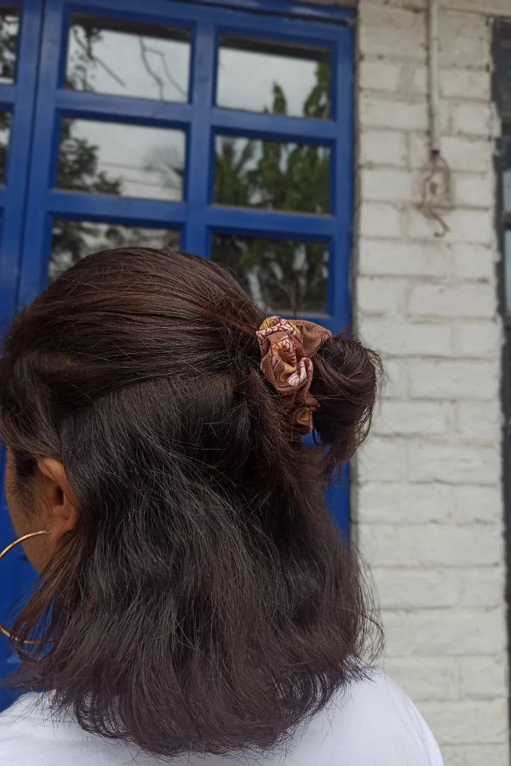 ilamra hand block printed naturally dyed organic cotton Brown, hints of red and yellow upcycled cotton scrunchie