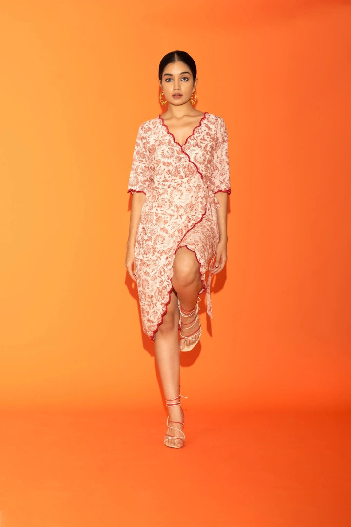 Ilamra kalamkari craft hand block printed organic cotton Madder red and off-white beautiful wrap dress