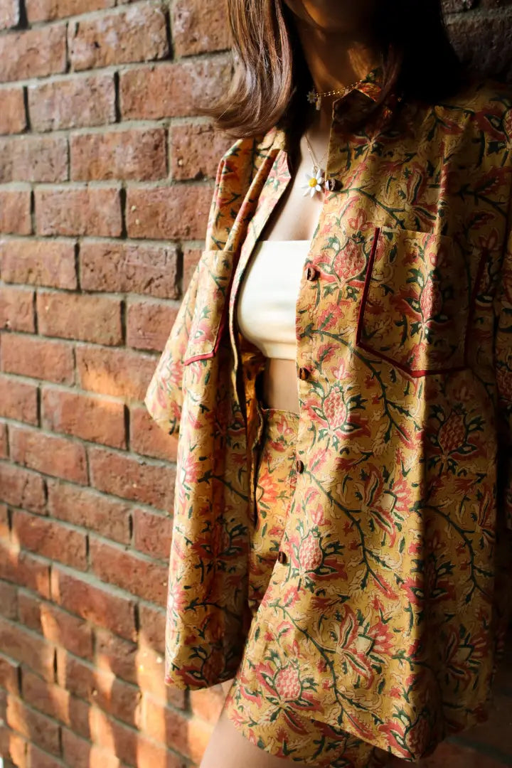 Ilamra kalamkari craft hand block printed organic cotton mustard, yellow, red and green shirt and shorts set