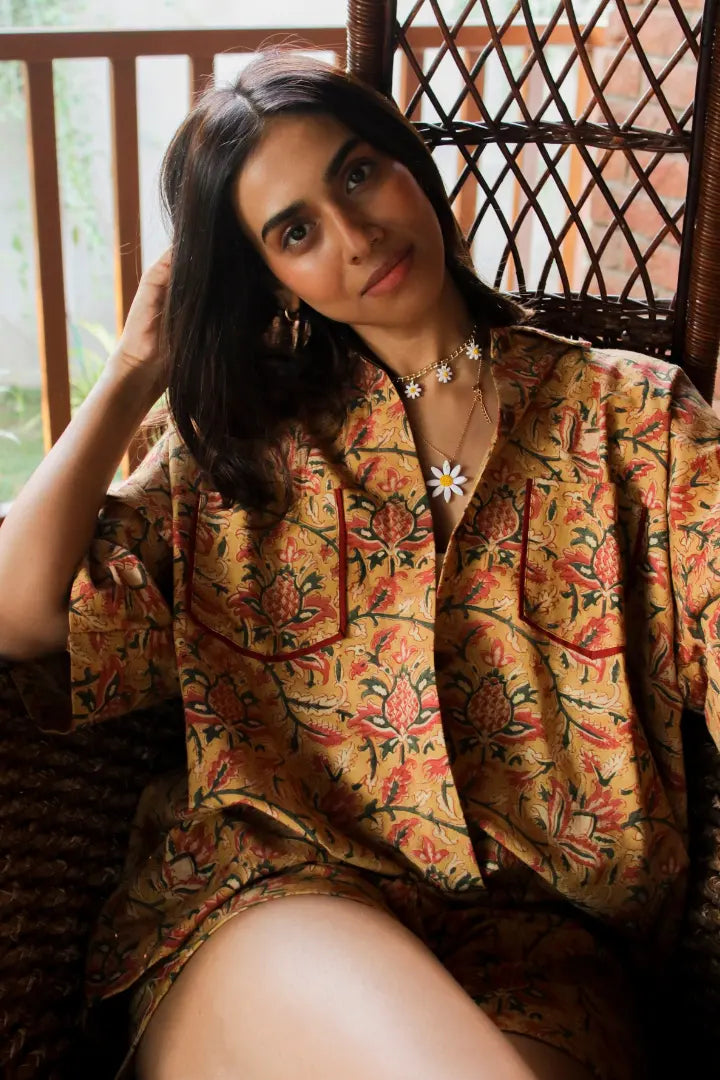 Ilamra kalamkari craft hand block printed organic cotton mustard, yellow, red and green shirt and shorts set
