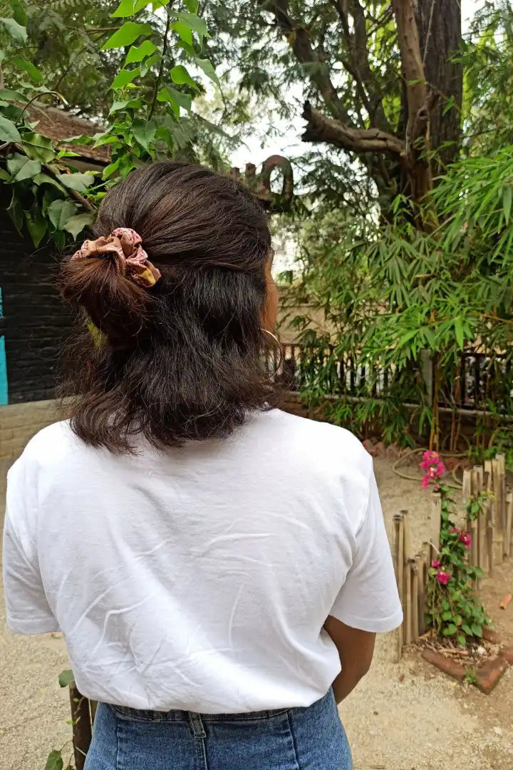 ilamra hand block printed naturally dyed organic cotton Brown, hints of red and yellow upcycled cotton scrunchie