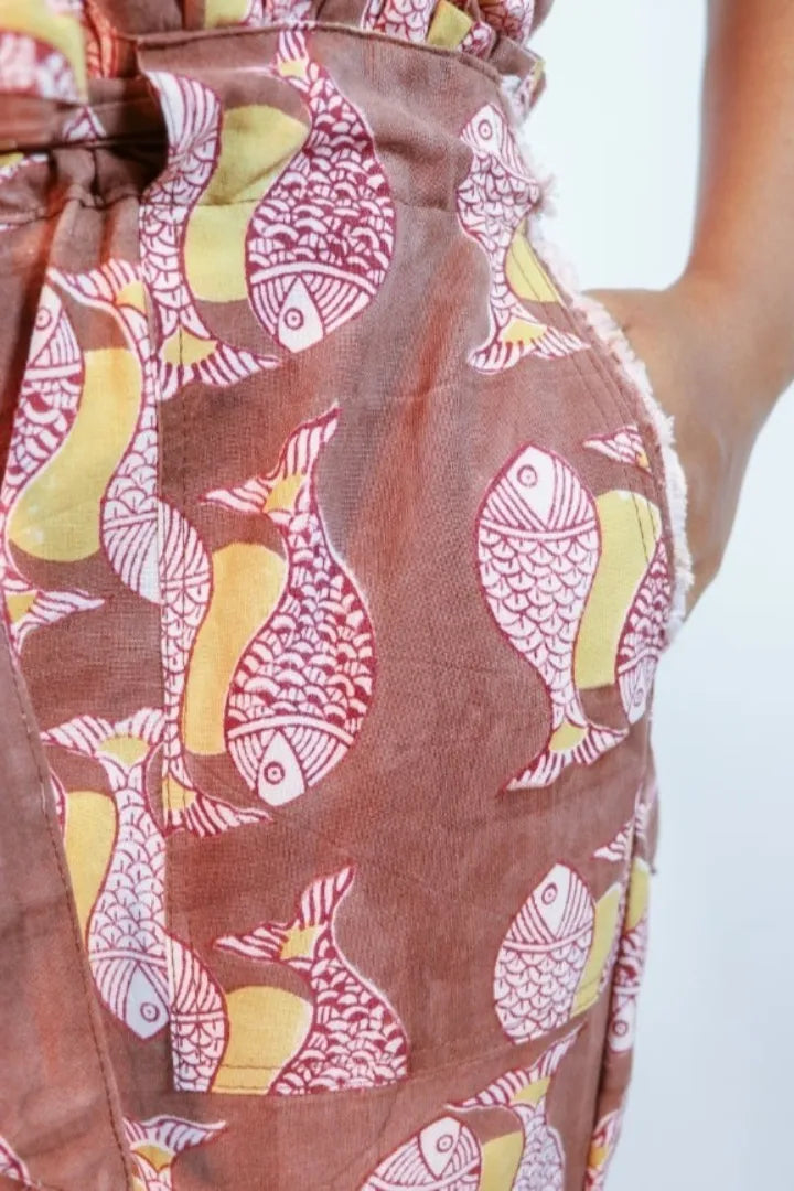 Ilamra sustainable clothing organic cotton Red, yellow and Brown hand block printed crop top and pants co-ord set