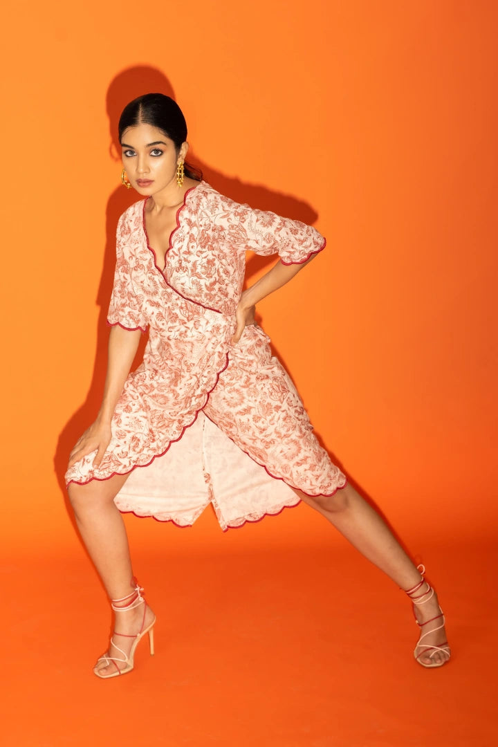 Ilamra kalamkari craft hand block printed organic cotton Madder red and off-white beautiful wrap dress