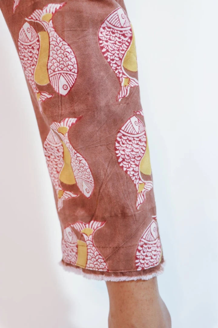 Ilamra sustainable clothing organic cotton Red, yellow and Brown hand block printed crop top and pants co-ord set