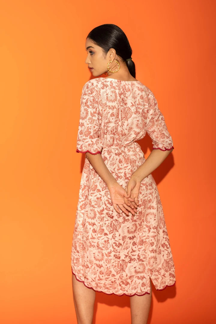 Ilamra kalamkari craft hand block printed organic cotton Madder red and off-white beautiful wrap dress