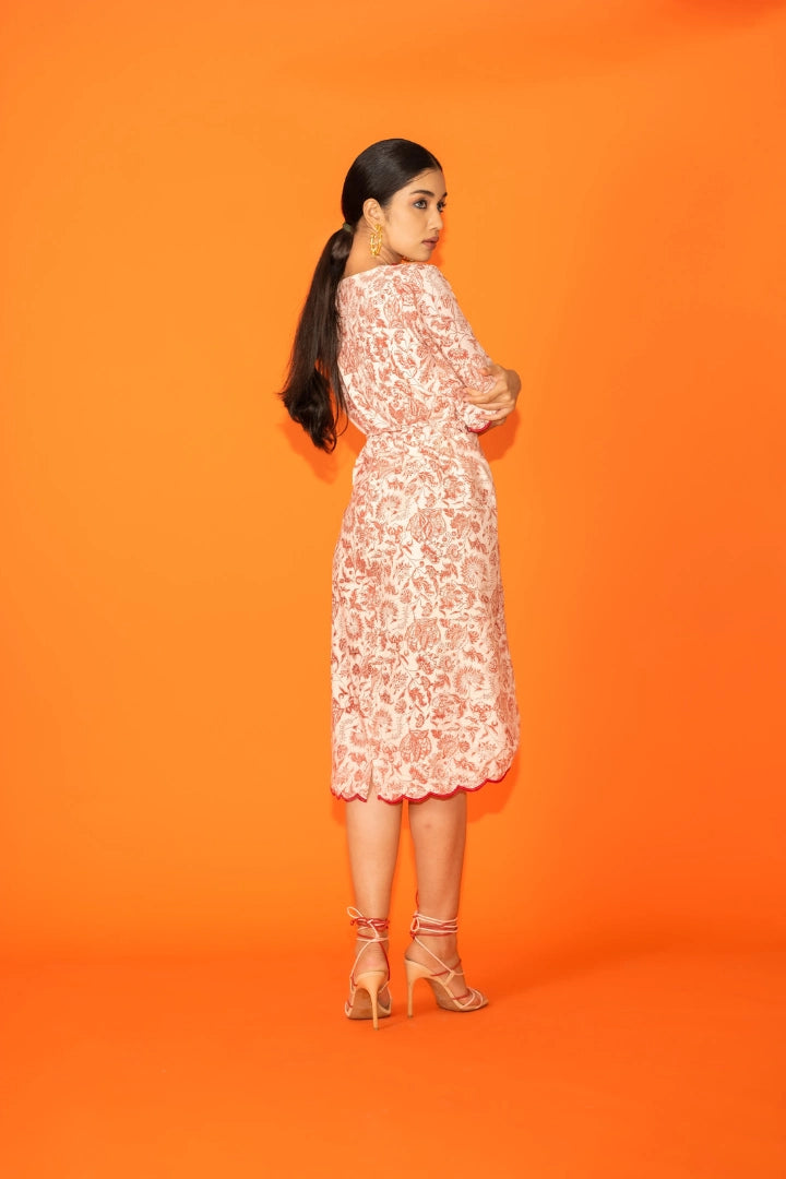 Ilamra kalamkari craft hand block printed organic cotton Madder red and off-white beautiful wrap dress