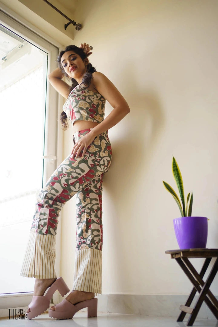 Ilamra kalamkari craft hand block printed organic cotton pink and green pants