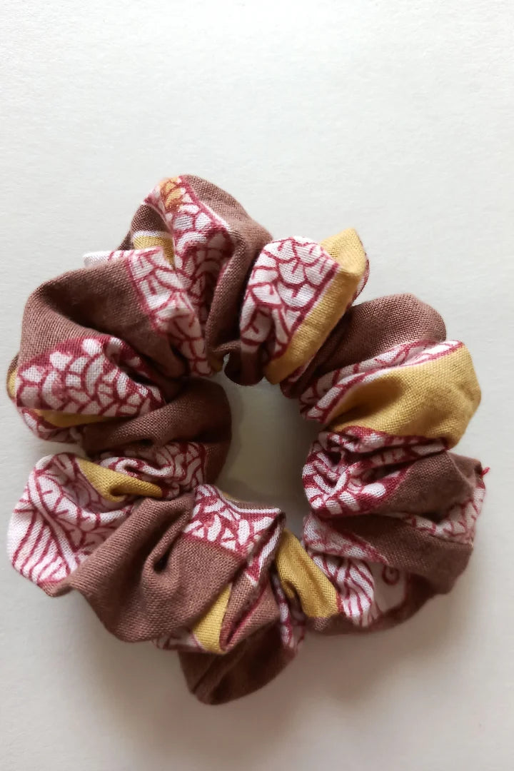 ilamra hand block printed naturally dyed organic cotton Brown, hints of red and yellow upcycled cotton scrunchie
