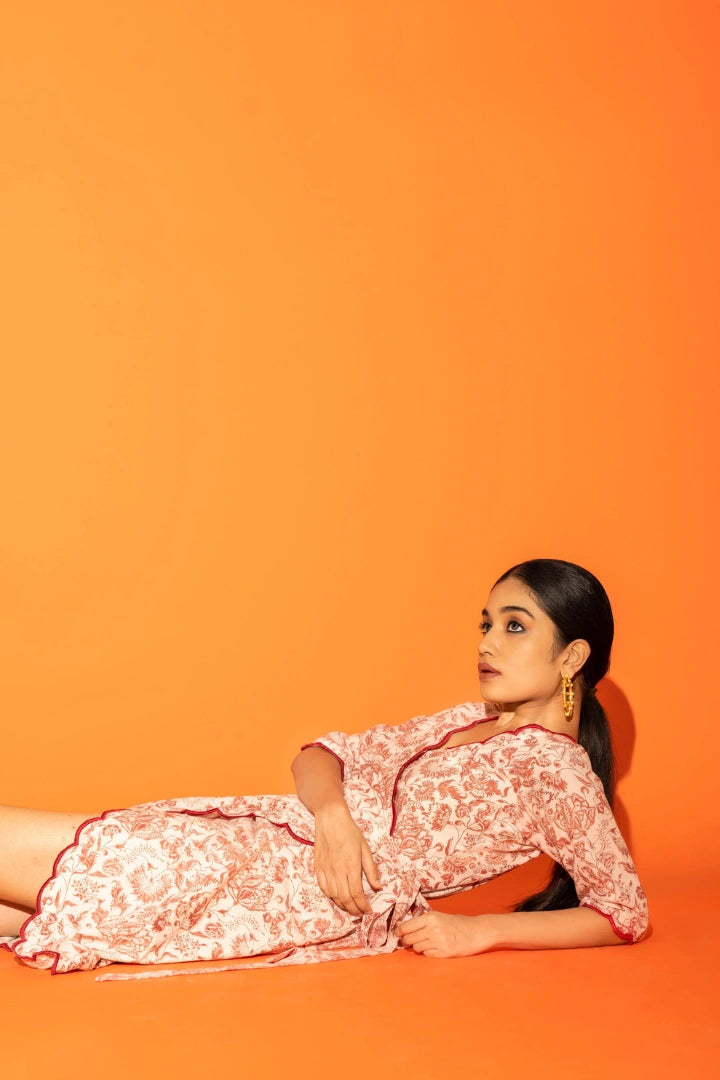 Ilamra kalamkari craft hand block printed organic cotton Madder red and off-white beautiful wrap dress