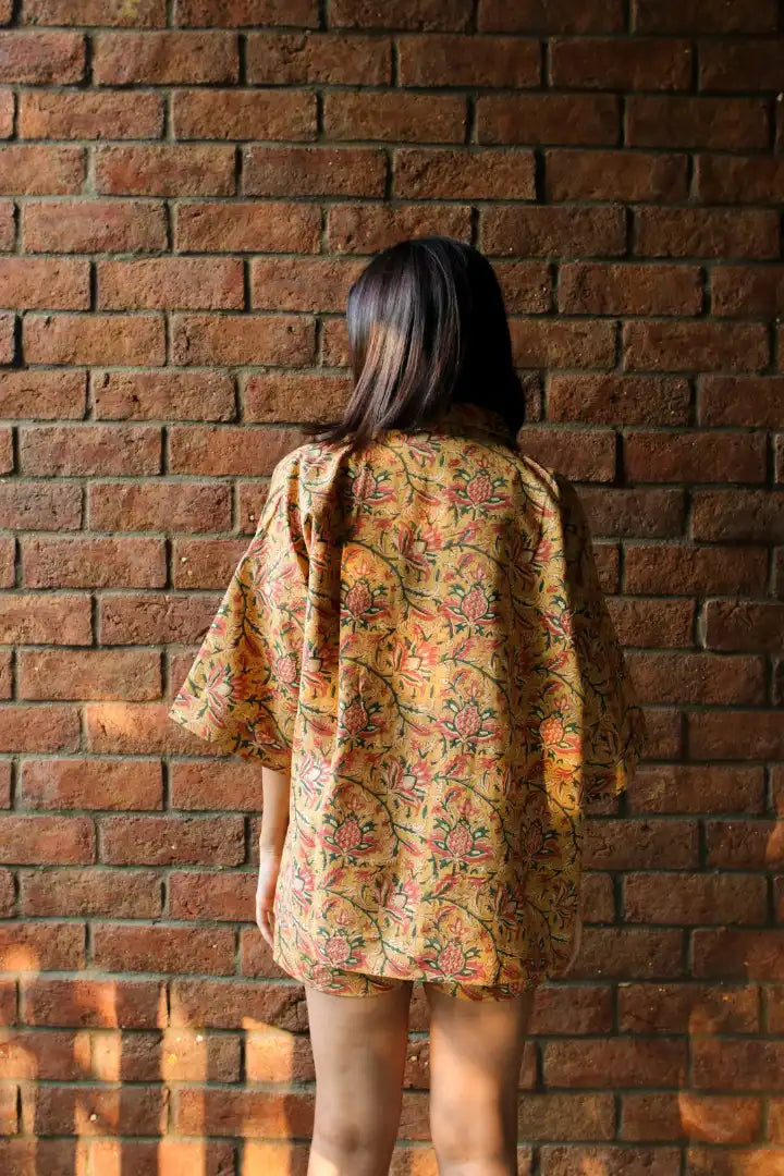 Ilamra kalamkari craft hand block printed organic cotton mustard, yellow, red and green shirt and shorts set