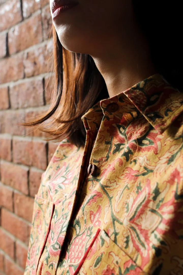 Ilamra kalamkari craft hand block printed organic cotton mustard, yellow, red and green shirt and shorts set