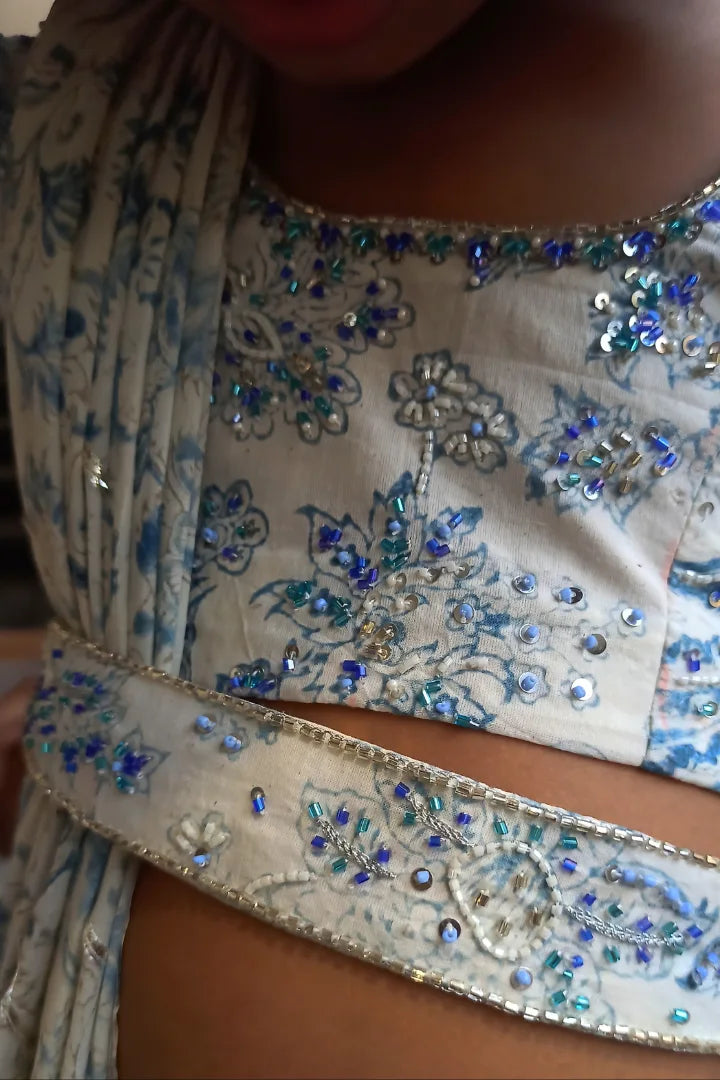 Ilamra kalamkari sustainable clothing organic cotton off-white and indigo hand block printed blouse and lehenga set