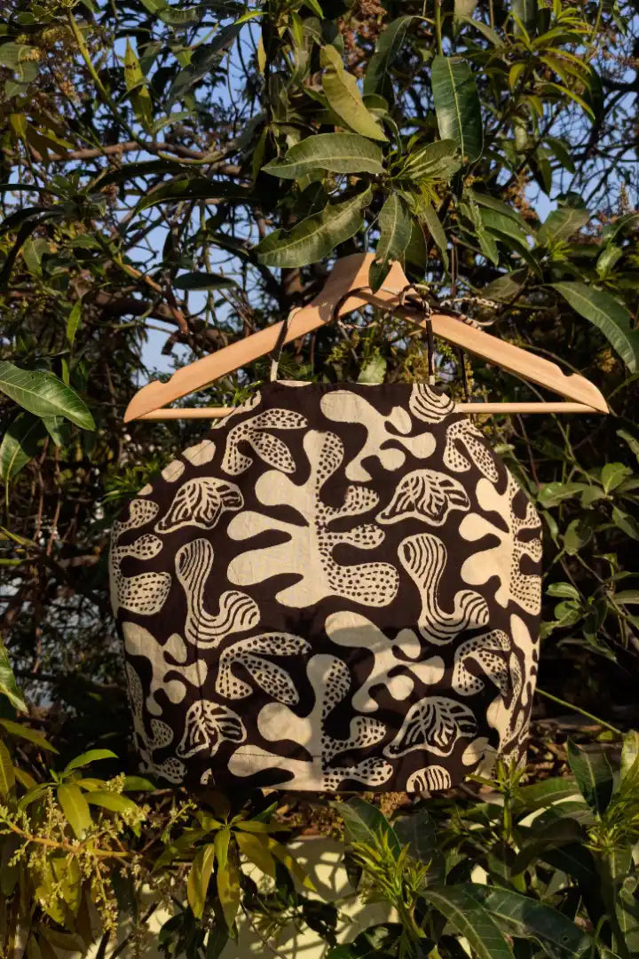 Ilamra sustainable clothing organic cotton beige and black hand block printed halter top