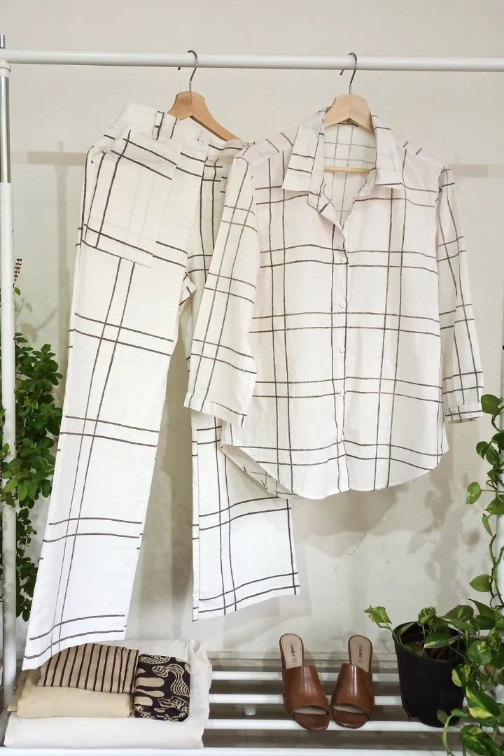 Ilamra hand block printed sustainably made naturally dyed Black and Off-white shirt with foldable cuff sleeves