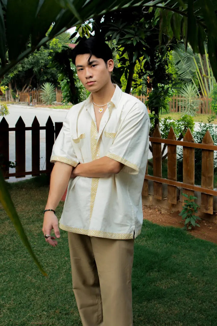 ilamra men's hand block printed naturally dyed organic cotton off-white and yellow shirt