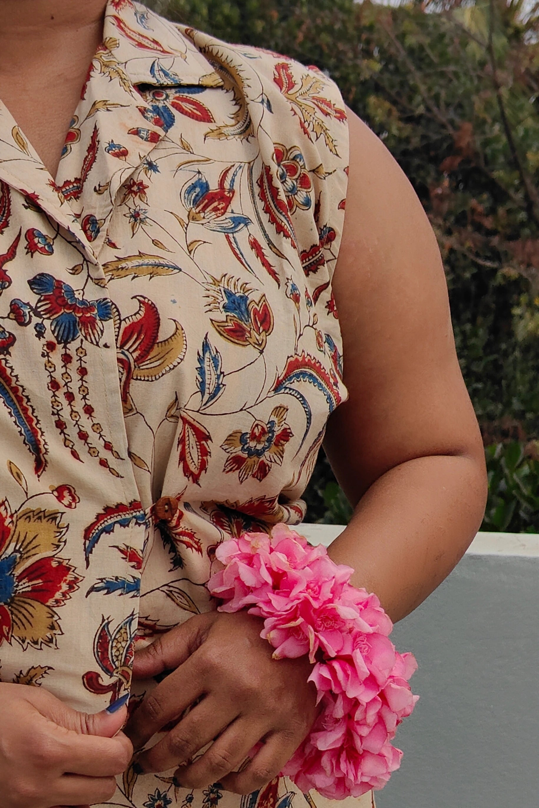 Ilamra hand block printed Kalamkari art organic cotton naturally dyed in shades of Indigo, madder red and warm mustard, overlapping waistcoat that is double-breasted, classic notched collar, relaxed fit pants