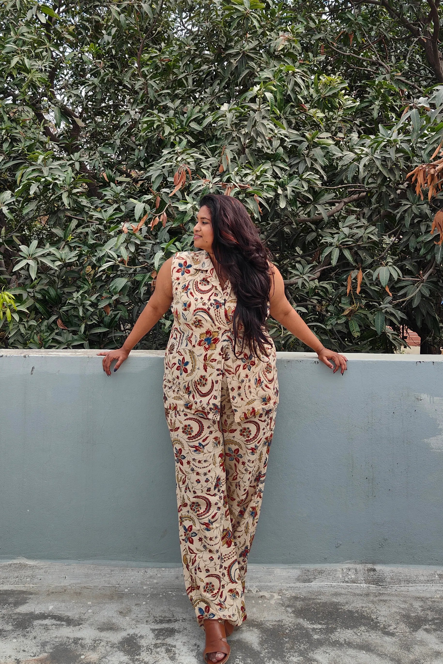 Ilamra hand block printed Kalamkari art organic cotton naturally dyed in shades of Indigo, madder red and warm mustard, overlapping waistcoat that is double-breasted, classic notched collar, relaxed fit pants