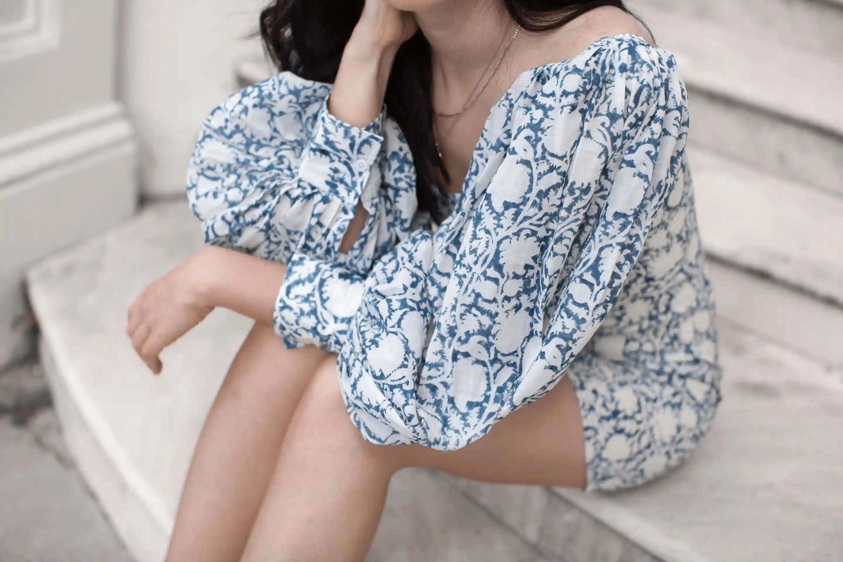 Ilamra sustainable clothing organic cotton Indigo and Off-white hand block printed sexy mini bodycon dress