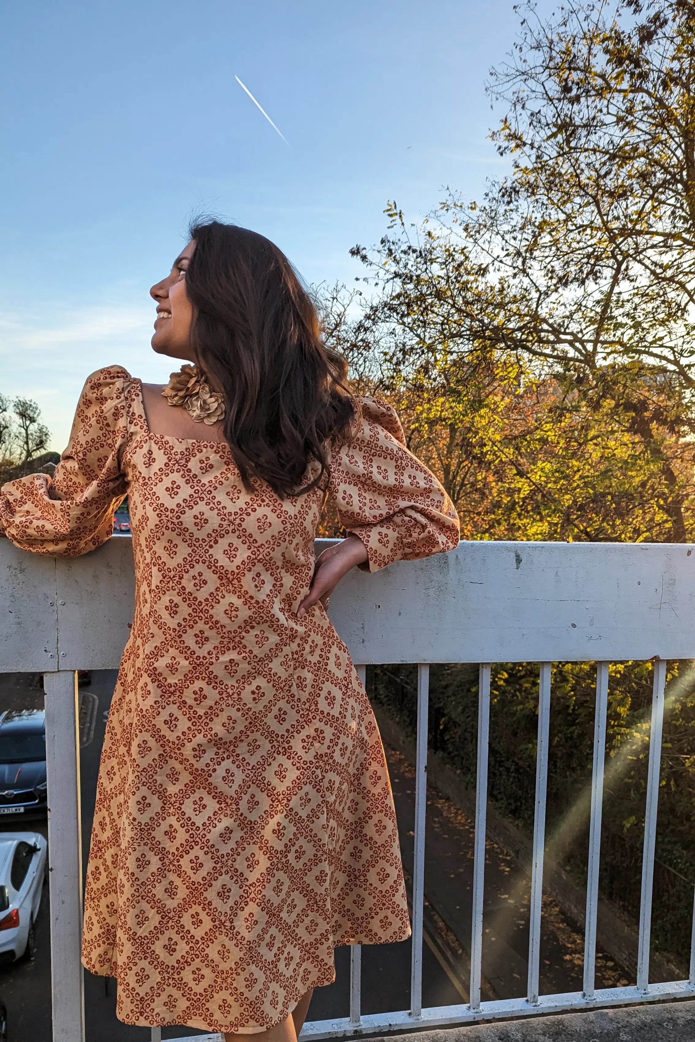 Ilamra hand block printed Kalamkari art organic cotton naturally dyed in Madder red against a beige background, big sleeves, elegant, classy, chic dress